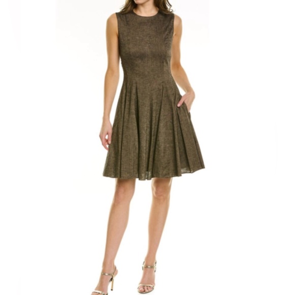 Theory Brown Woven Peplum Linen Blend Fit n Flare Sleeveless Dress Womens Sz 8 - Picture 1 of 11